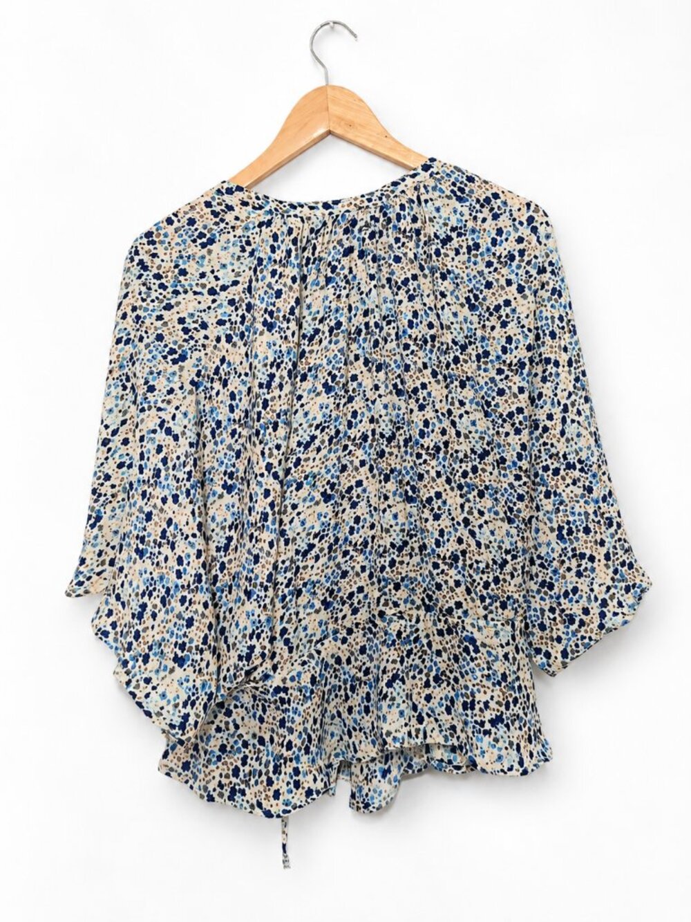 Women’s Blue Floral Wrap Blouse Ruffle Hem Bell Sleeve Top - Picture 3 of 5